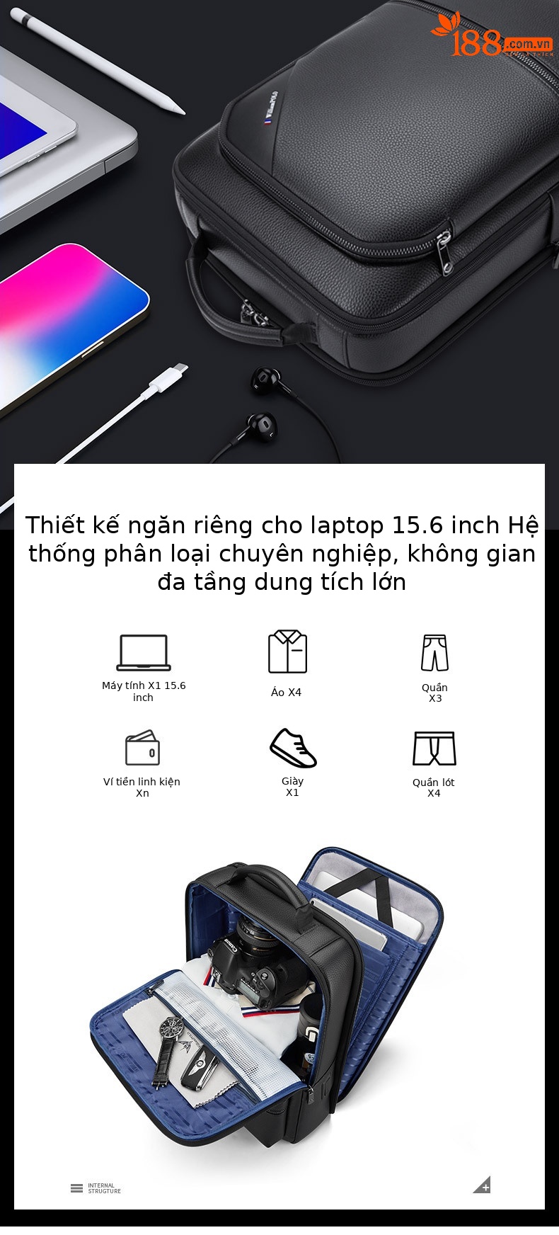 Ba lô da thật Emperor Paul chống nước 15.6 inch cho nam — Phiên bản phóng to của máy tính 17.3 inch, Màu đen chi tiết 3