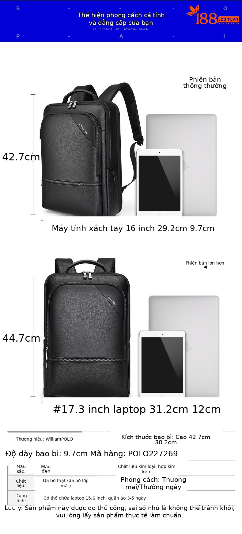 Ba lô da thật Emperor Paul chống nước 15.6 inch cho nam — Phiên bản phóng to của máy tính 17.3 inch, Màu đen chi tiết 6