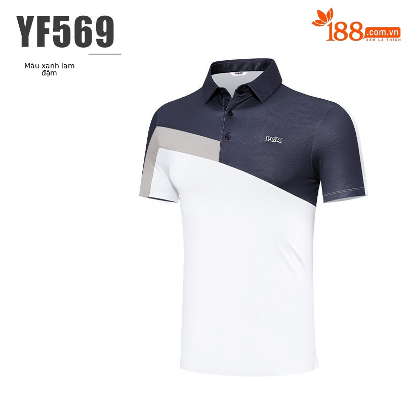 Áo polo golf nam PGM tay ngắn, phối màu tương phản, chất liệu thoáng mát — YF569-màu xanh nước biển, YF569-màu xanh lá cây
