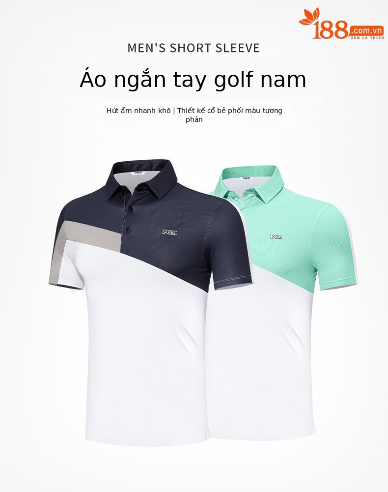 Áo polo golf nam PGM tay ngắn, phối màu tương phản, chất liệu thoáng mát — YF569-màu xanh nước biển, YF569-màu xanh lá cây chi tiết 3