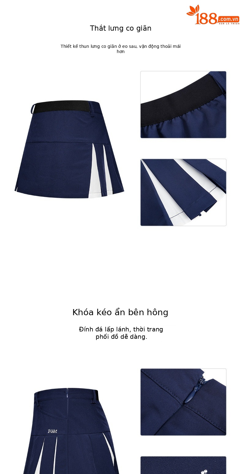 Váy golf nữ trẻ em PGM dáng chữ A thắt lưng co giãn kèm quần đùi lót — Qz091-màu xanh hải quân, Qz091-màu Trắng chi tiết 2