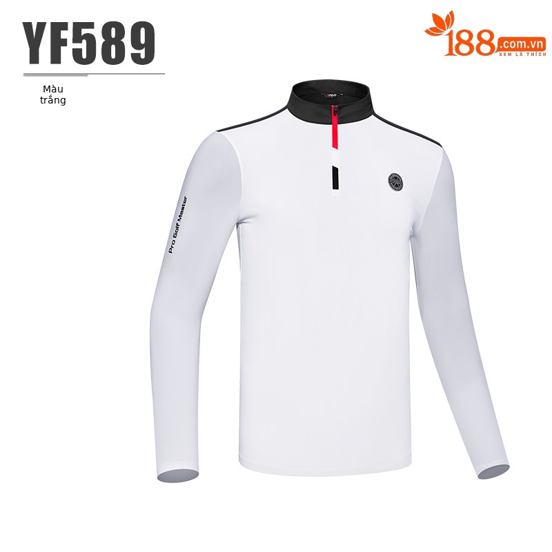 Áo thun dài tay chống nắng golf nam PGM chất liệu lụa lạnh, cổ khóa kéo — YF589-Trắng (vải mới), YF589 màu đen, YF589-màu xanh nước biển