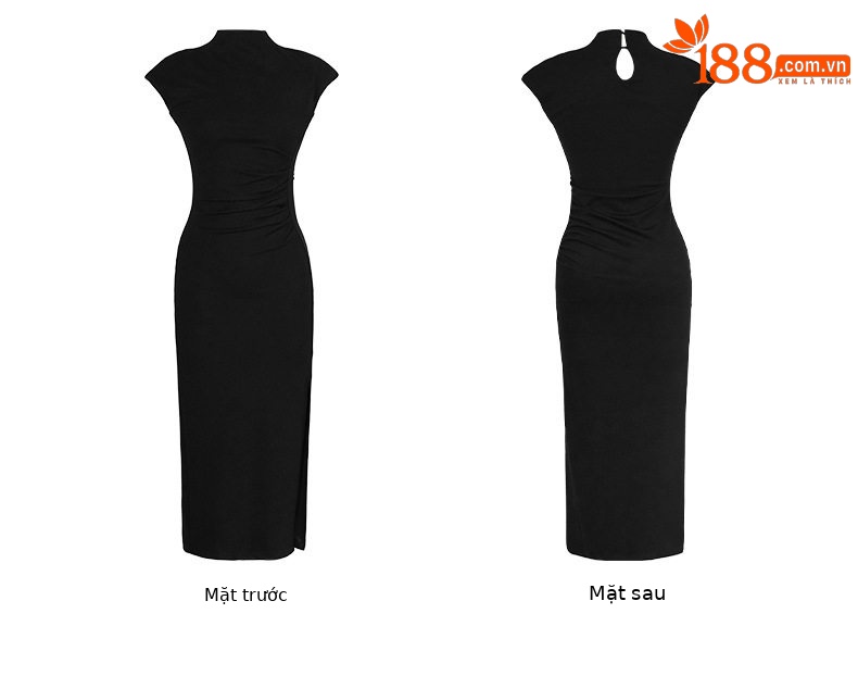 Đầm ôm body nữ cổ cao dáng dài mùa hè — [杏色], [黑色], [茶色], [红色] chi tiết 7