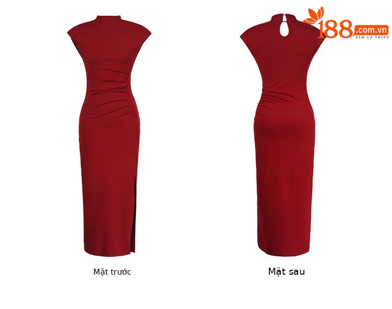Đầm ôm body nữ cổ cao dáng dài mùa hè — [杏色], [黑色], [茶色], [红色] chi tiết 9