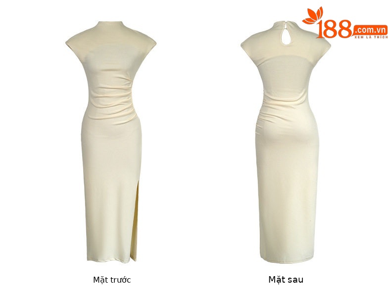 Đầm ôm body nữ cổ cao dáng dài mùa hè — [杏色], [黑色], [茶色], [红色] chi tiết 10