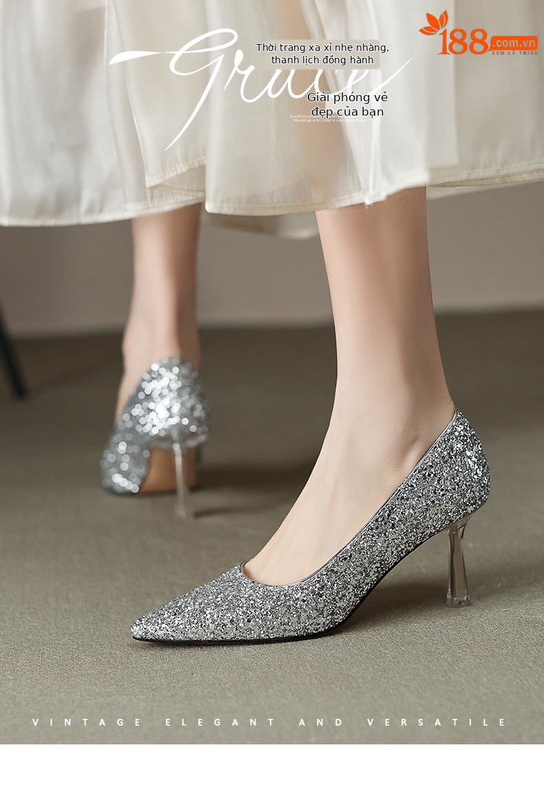 Giày cao gót nữ mũi nhọn đính sequin gót pha lê bạc — Màu bạc chi tiết 2
