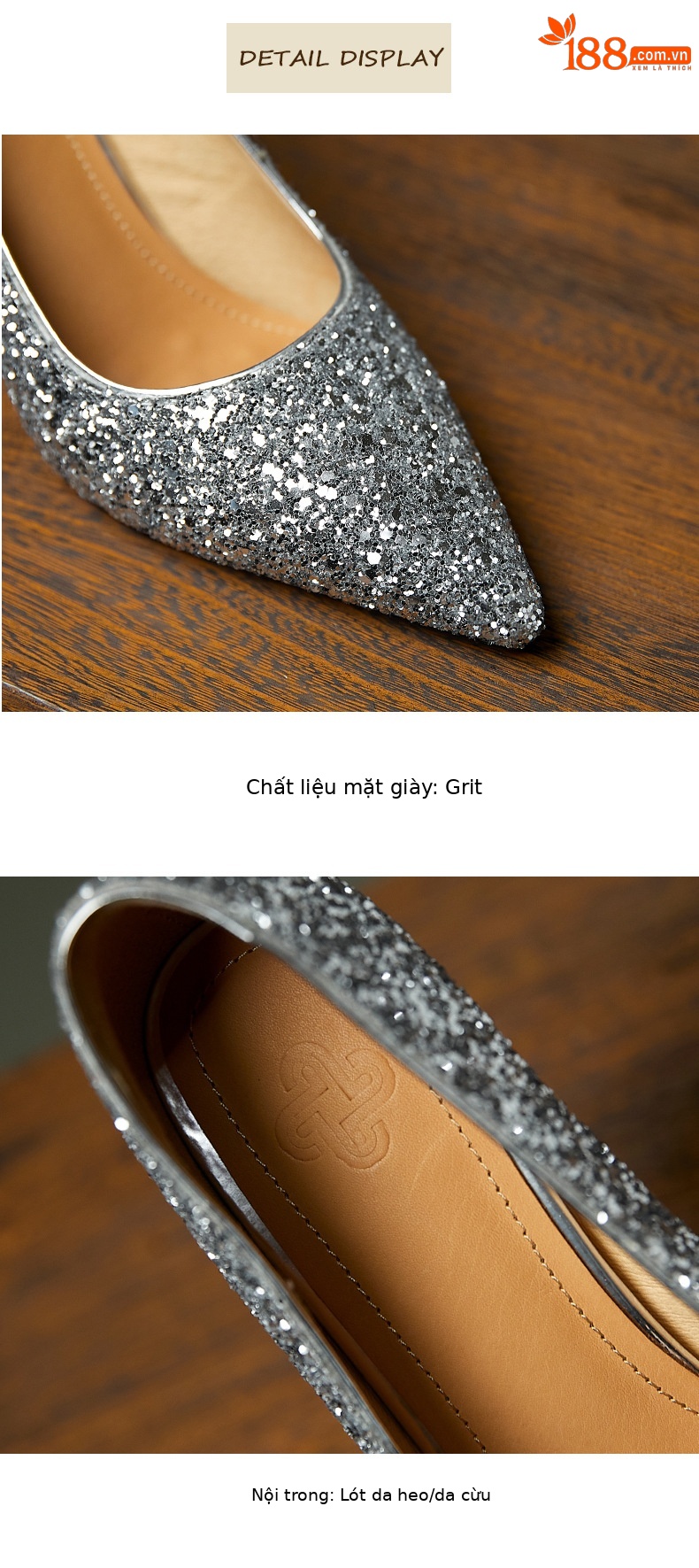 Giày cao gót nữ mũi nhọn đính sequin gót pha lê bạc — Màu bạc chi tiết 10