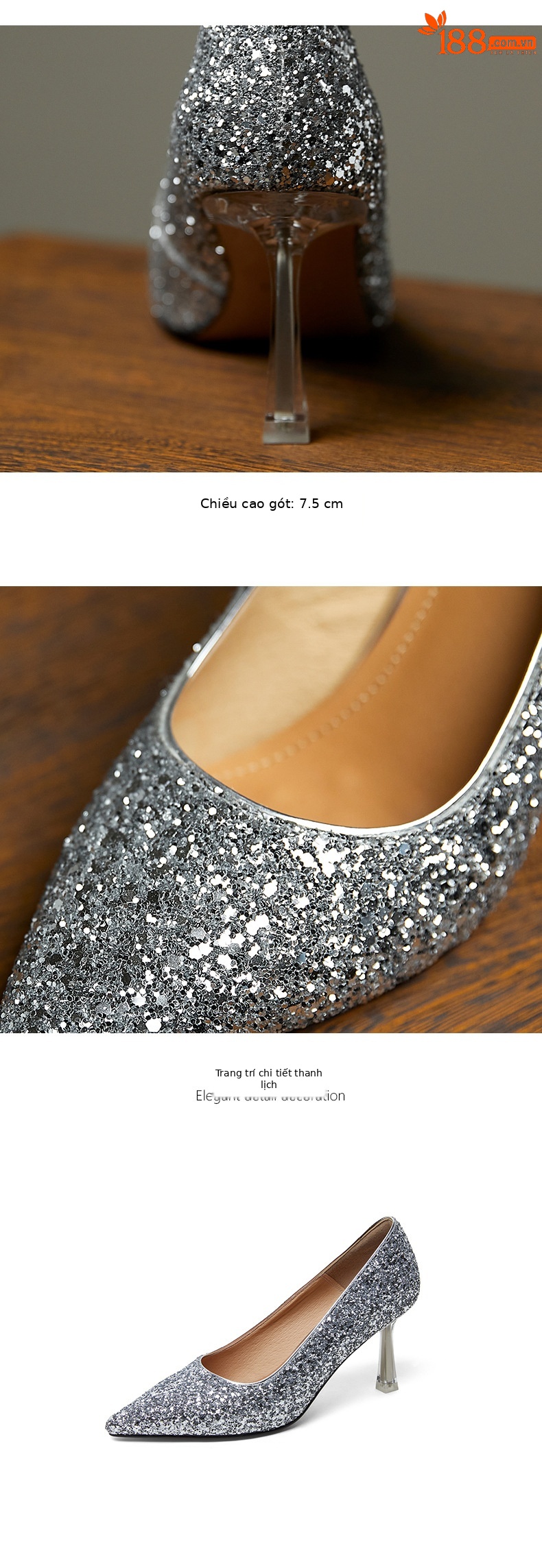 Giày cao gót nữ mũi nhọn đính sequin gót pha lê bạc — Màu bạc chi tiết 11