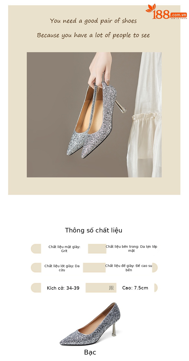 Giày cao gót nữ mũi nhọn đính sequin gót pha lê bạc — Màu bạc chi tiết 3