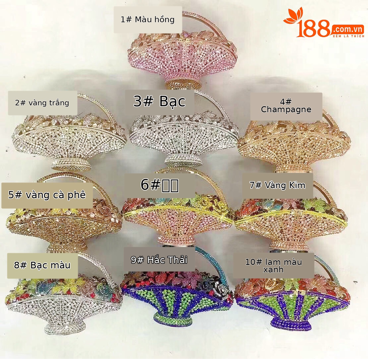 Túi clutch nữ đính kim cương giả hình giỏ hoa, xách tay dự tiệc, đeo chéo một bên vai — 1 # màu hồng, 2 # vàng trắng, 3 # màu bạc, 4 # Champagne chi tiết 3