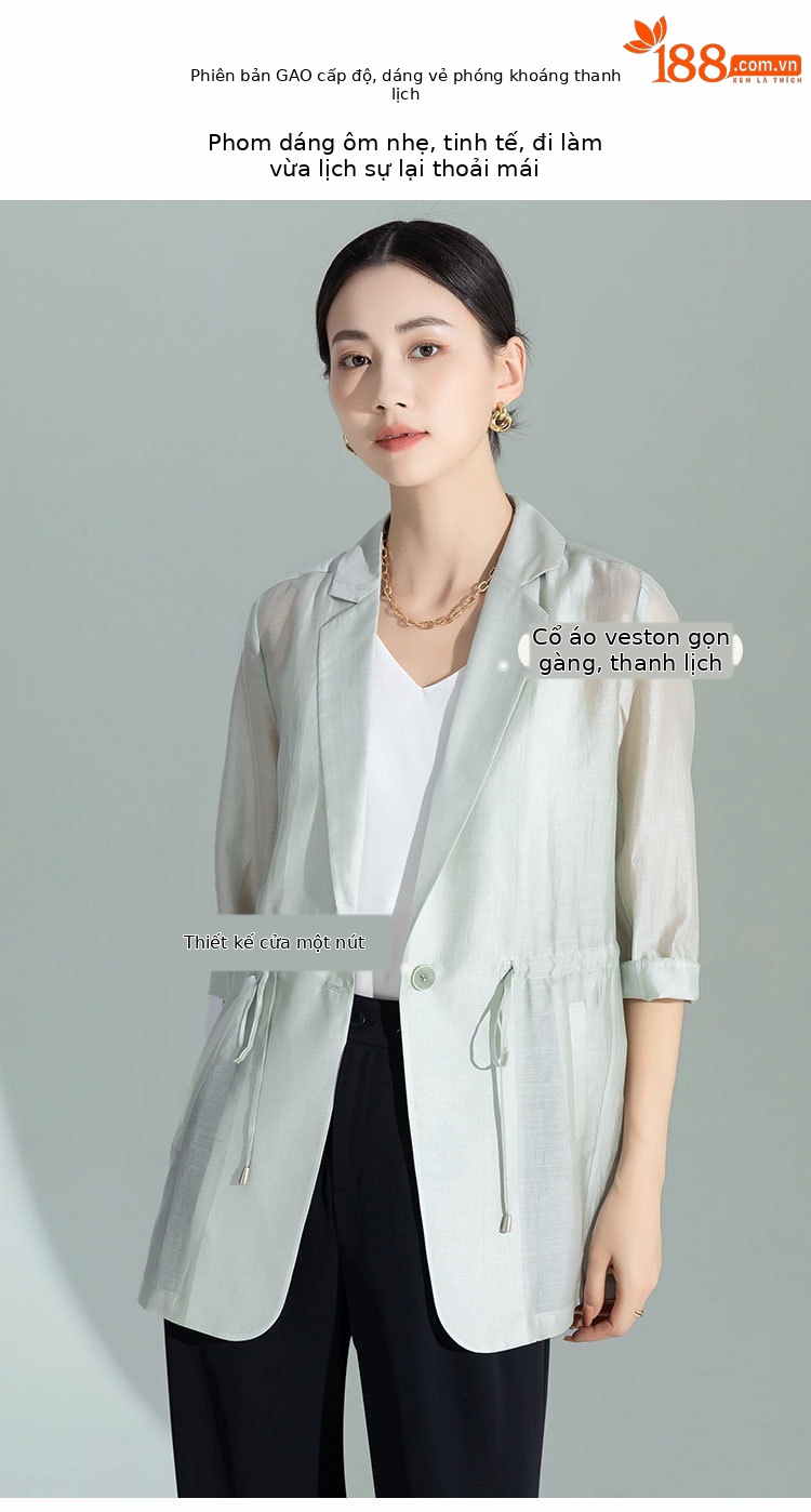 Áo khoác blazer nữ cổ lật dây rút chất liệu Leisel mỏng nhẹ mùa hè — Màu trắng chi tiết 3
