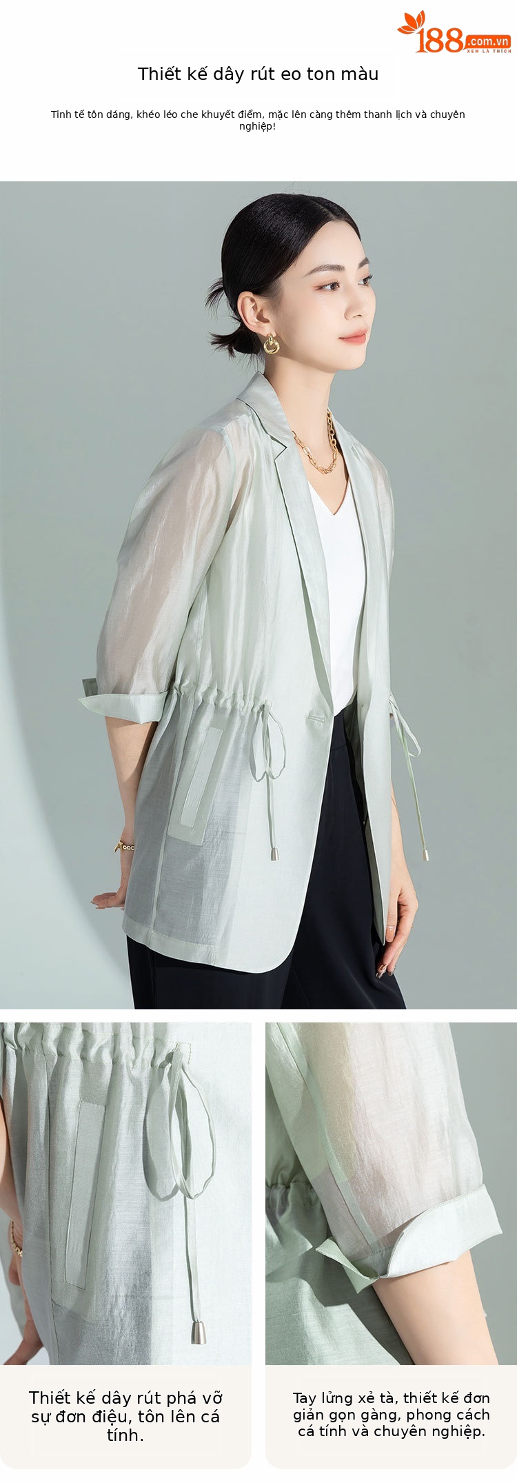 Áo khoác blazer nữ cổ lật dây rút chất liệu Leisel mỏng nhẹ mùa hè — Màu trắng chi tiết 4