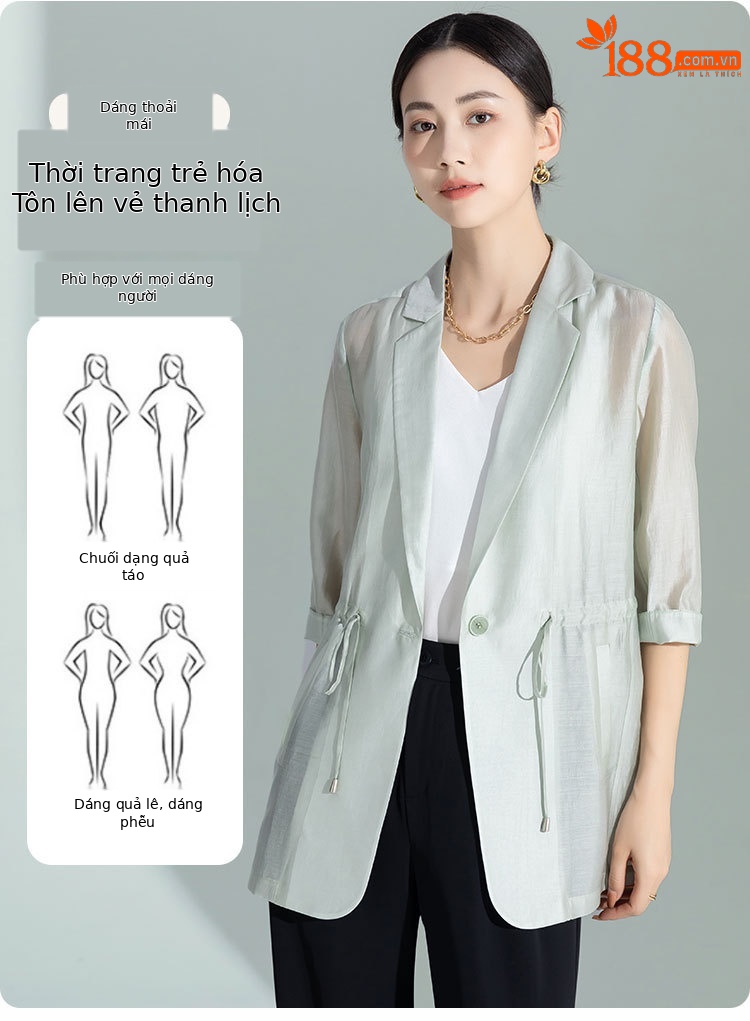 Áo khoác blazer nữ cổ lật dây rút chất liệu Leisel mỏng nhẹ mùa hè — Màu trắng chi tiết 5
