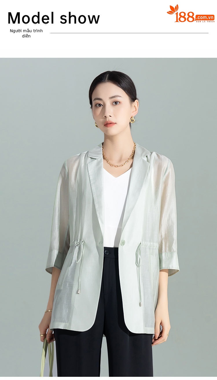 Áo khoác blazer nữ cổ lật dây rút chất liệu Leisel mỏng nhẹ mùa hè — Màu trắng chi tiết 6