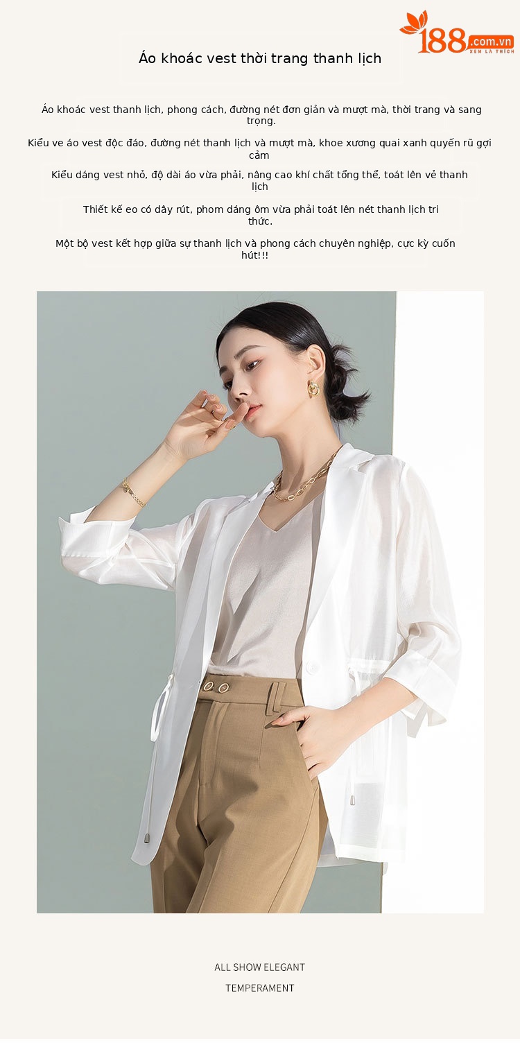Áo khoác blazer nữ cổ lật dây rút chất liệu Leisel mỏng nhẹ mùa hè — Màu trắng chi tiết 2