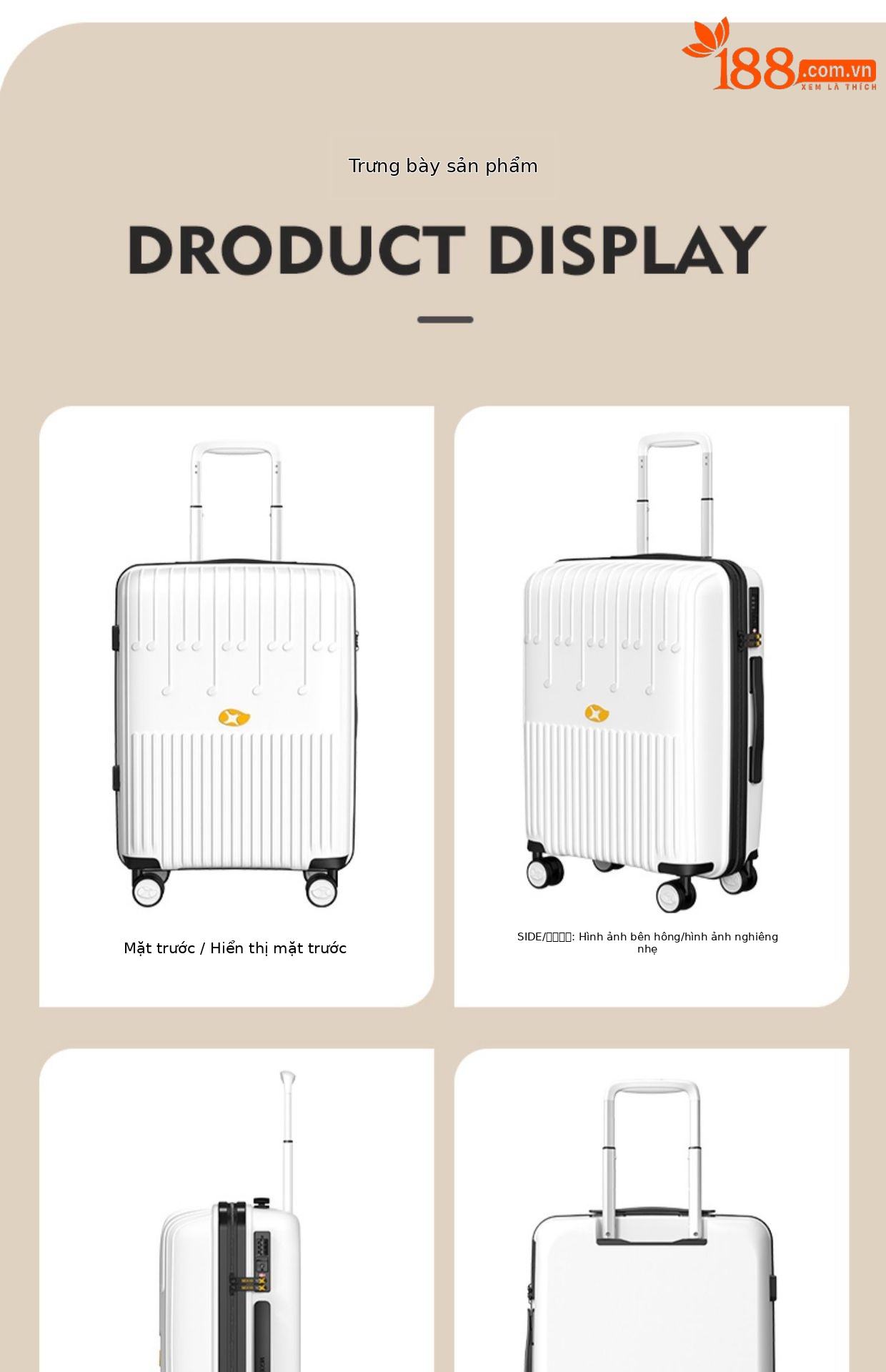 Vali nhựa PP size cabin 20 inch kéo tay, khóa mật khẩu, dây kéo YKK — màu vàng chi tiết 23