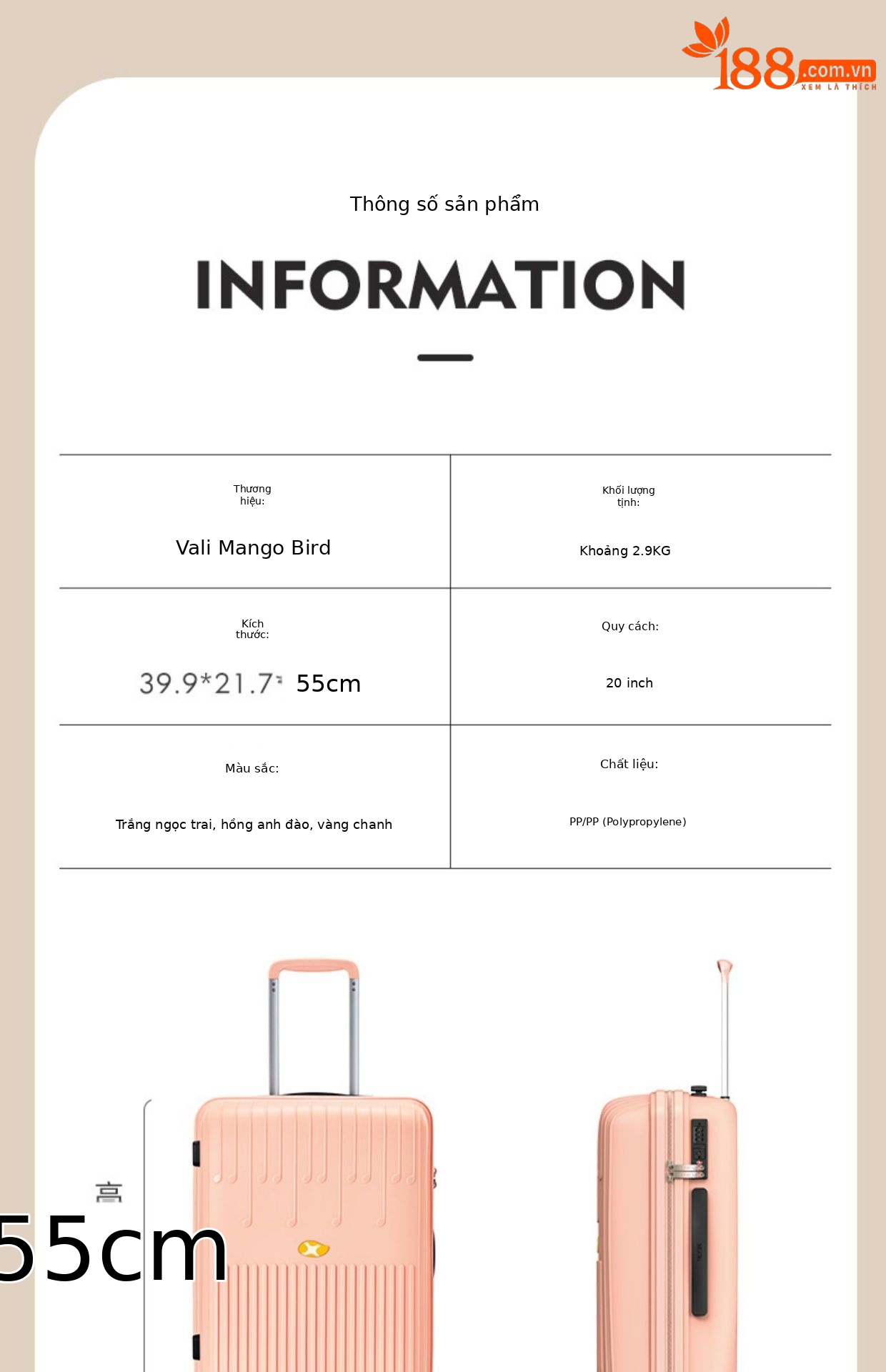 Vali nhựa PP size cabin 20 inch kéo tay, khóa mật khẩu, dây kéo YKK — màu vàng chi tiết 12