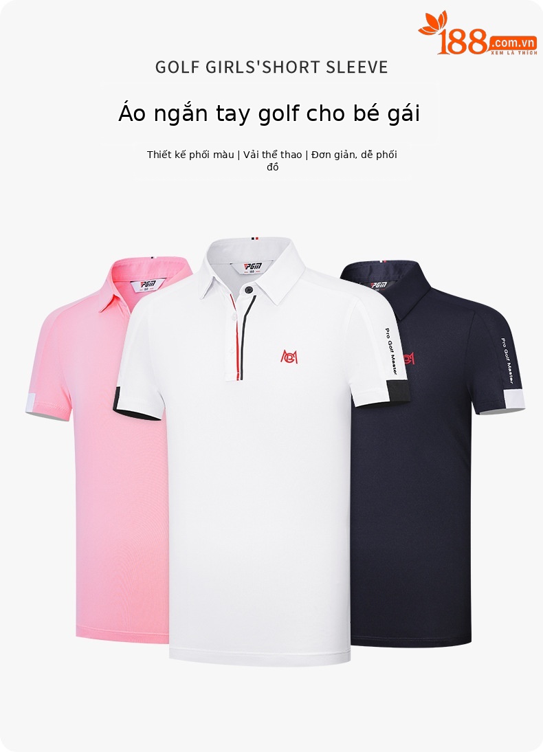 Áo polo golf tay ngắn trẻ em PGM thiết kế ghép màu — YF591-màu hồng, YF591-màu trắng, YF591-màu xanh nước biển chi tiết 2
