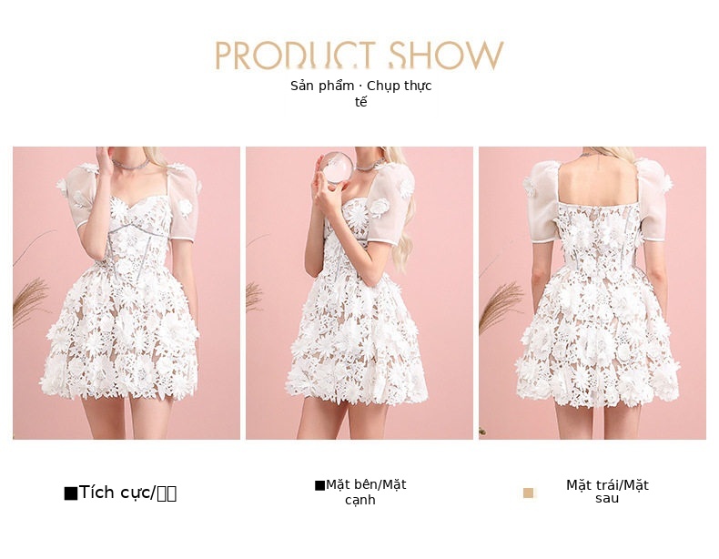 Đầm trắng nữ Việt Nam phong cách Pháp mềm mại chất liệu organza phối ren — Trắng chi tiết 3