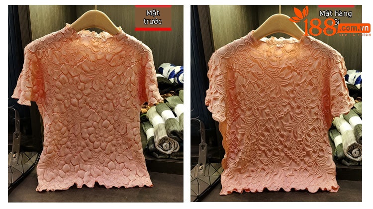 Áo thun nữ cổ đứng họa tiết hoa sen nổi 3D mặc hai mặt — Màu đen, Màu trắng be, Màu hồng, Màu xanh đậm chi tiết 3