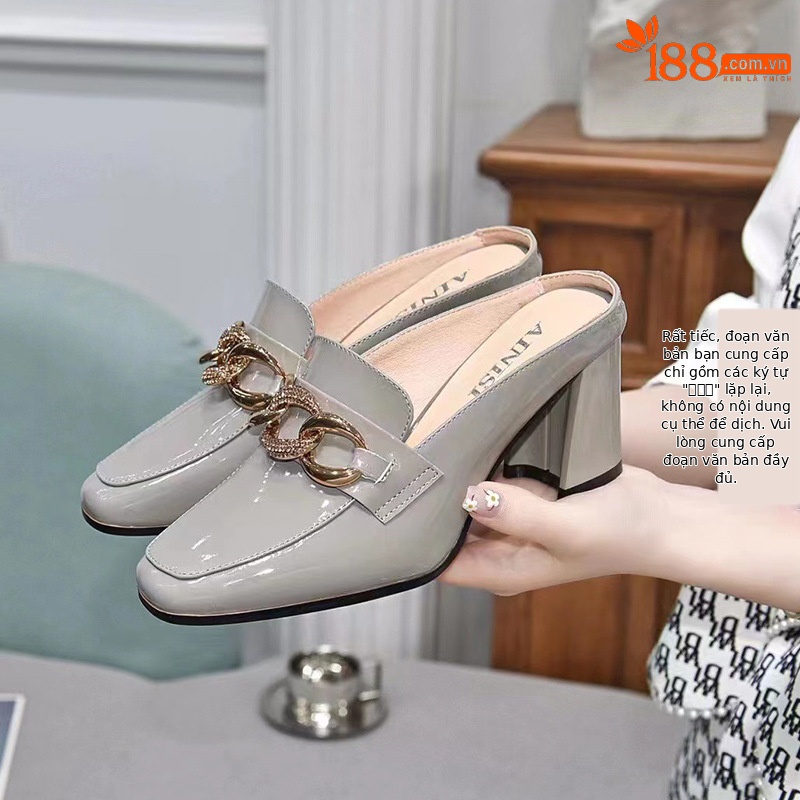Dép sục bít mũi da thật nữ gót thô 4 cm kiểu lười không gót sau — Gót đen cao 4 cm