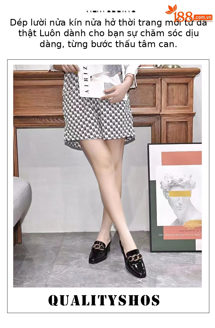 Dép sục bít mũi da thật nữ gót thô 4 cm kiểu lười không gót sau — Gót đen cao 4 cm chi tiết 1