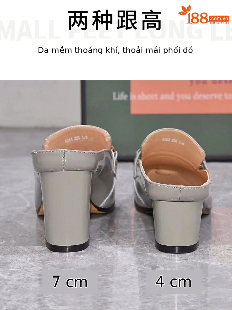 Dép sục bít mũi da thật nữ gót thô 4 cm kiểu lười không gót sau — Gót đen cao 4 cm chi tiết 6