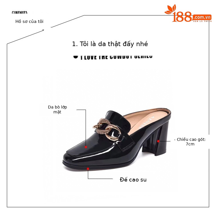Dép sục bít mũi da thật nữ gót thô 4 cm kiểu lười không gót sau — Gót đen cao 4 cm chi tiết 8