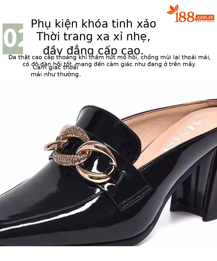 Dép sục bít mũi da thật nữ gót thô 4 cm kiểu lười không gót sau — Gót đen cao 4 cm chi tiết 10