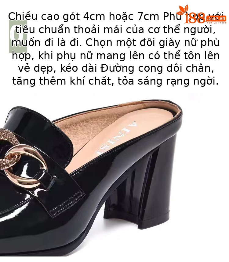 Dép sục bít mũi da thật nữ gót thô 4 cm kiểu lười không gót sau — Gót đen cao 4 cm chi tiết 11