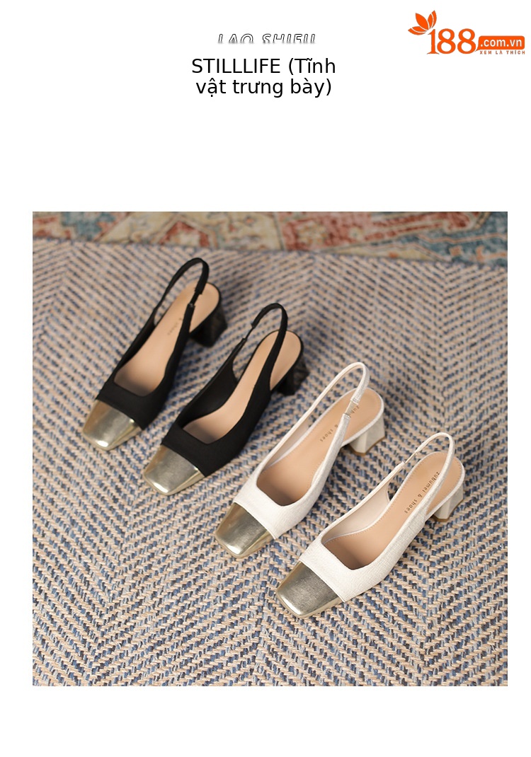 Sandal nữ quai hậu gót dày kiểu Pháp mũi nhọn — Màu đen chi tiết 14