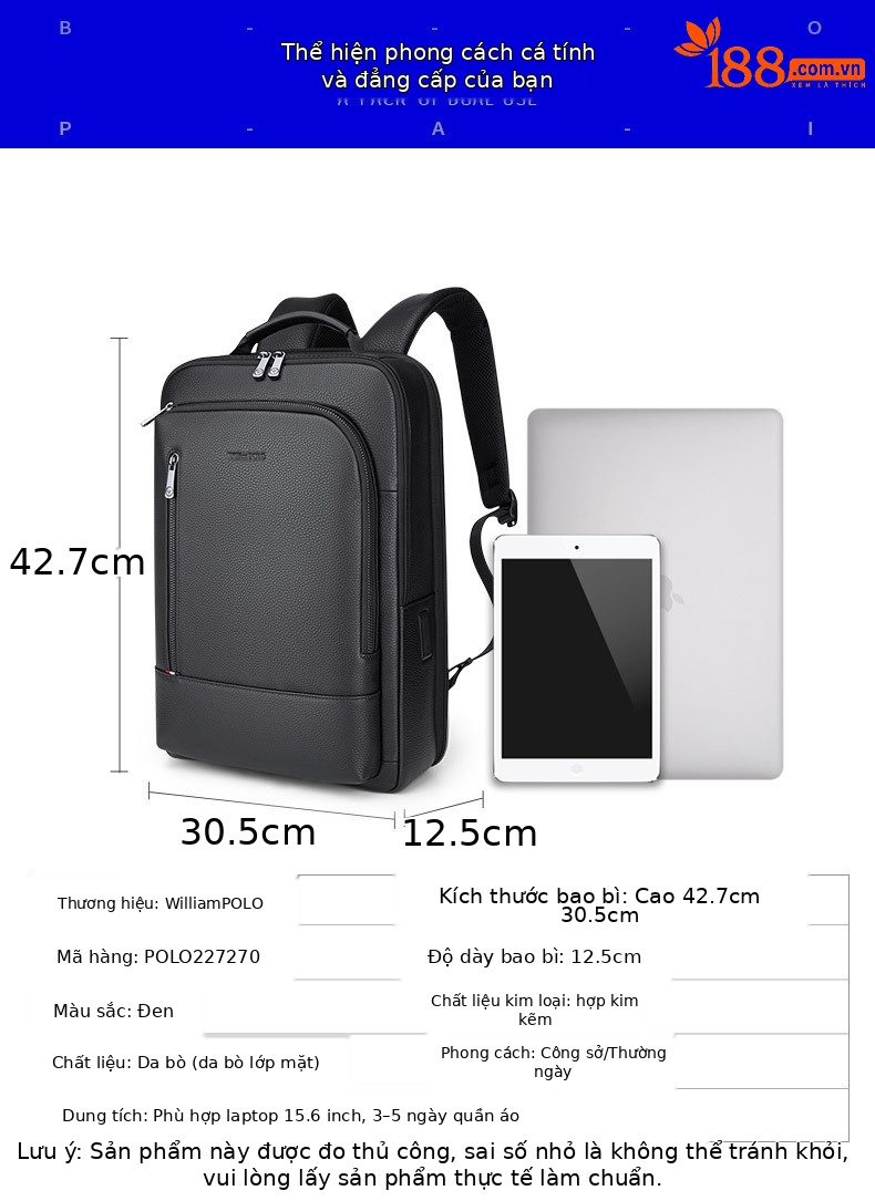 Ba lô da thật Emperor Paul công sở nam chứa laptop 15.6 inch da bò lớp đầu — Màu đen chi tiết 6