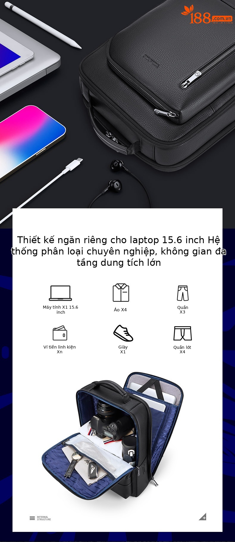 Ba lô da thật Emperor Paul công sở nam chứa laptop 15.6 inch da bò lớp đầu — Màu đen chi tiết 1
