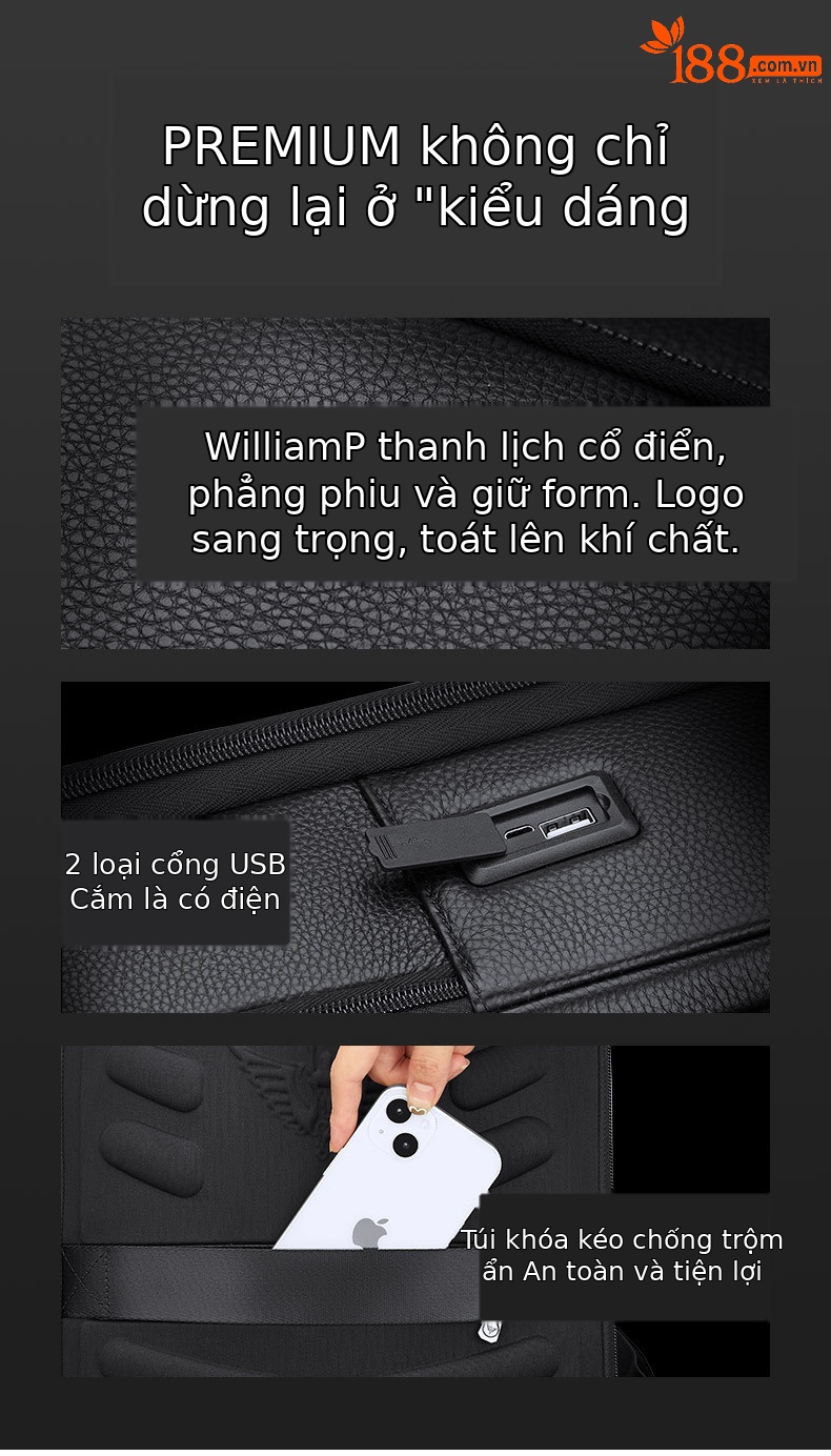 Ba lô da thật Emperor Paul công sở nam chứa laptop 15.6 inch da bò lớp đầu — Màu đen chi tiết 12