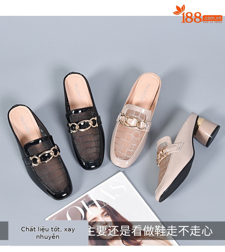 Dép sục bít mũi da thật lưới phong cách Anh gót thô 5 cm — Màu mơ cao gót 5 cm chi tiết 3