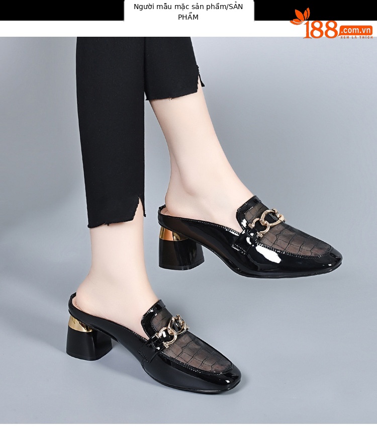 Dép sục bít mũi da thật lưới phong cách Anh gót thô 5 cm — Màu mơ cao gót 5 cm chi tiết 12