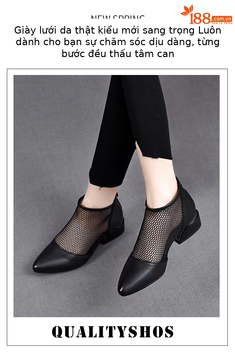 Sandal lưới da thật nữ mũi nhọn gót thấp phong cách La Mã — Da Bò Lớp đầu trên chi tiết 1
