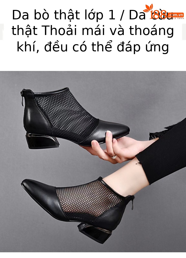 Sandal lưới da thật nữ mũi nhọn gót thấp phong cách La Mã — Da Bò Lớp đầu trên chi tiết 4