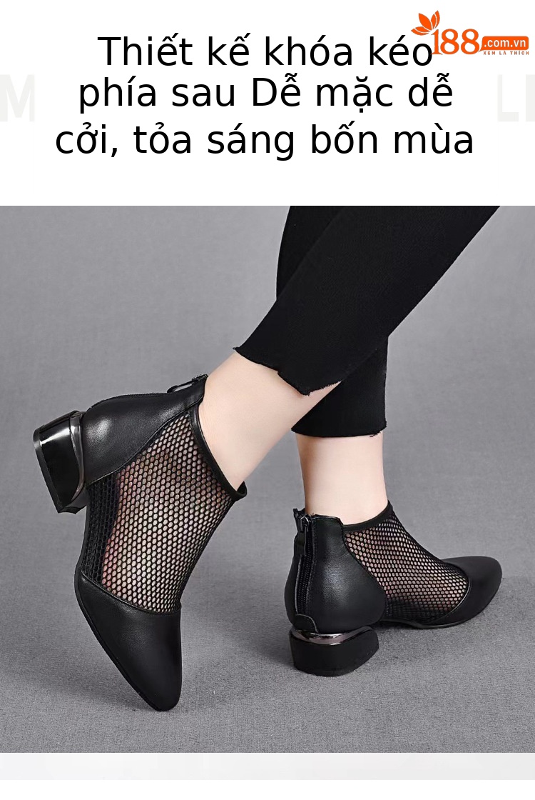 Sandal lưới da thật nữ mũi nhọn gót thấp phong cách La Mã — Da Bò Lớp đầu trên chi tiết 5
