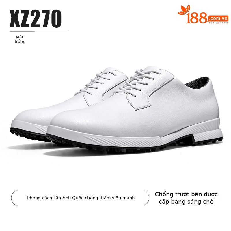 Giày golf nam phong cách Anh, đế chống trượt có đinh, chống nước — XZ270-màu trắng