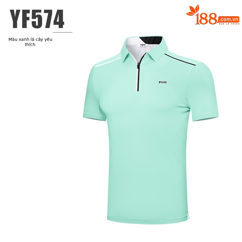 Áo polo nam golf PGM tay ngắn, cổ bẻ khóa kéo, vải thoáng khí thấm hút mồ hôi — Yf574-màu xanh lá cây ngải cứu, YF574-màu trắng, YF574-màu xanh nước biển
