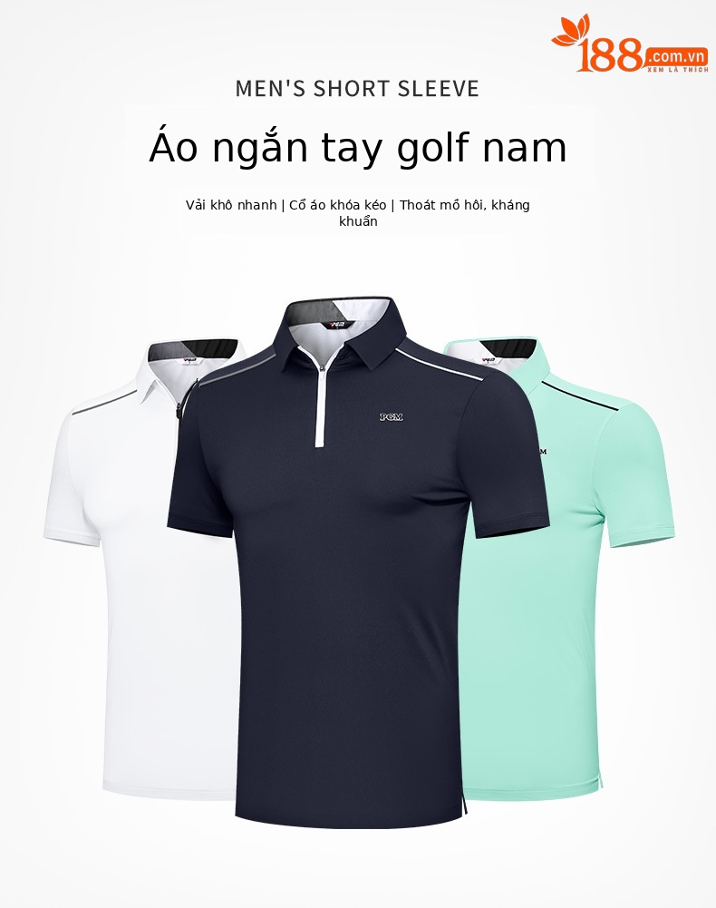 Áo polo nam golf PGM tay ngắn, cổ bẻ khóa kéo, vải thoáng khí thấm hút mồ hôi — Yf574-màu xanh lá cây ngải cứu, YF574-màu trắng, YF574-màu xanh nước biển chi tiết 2