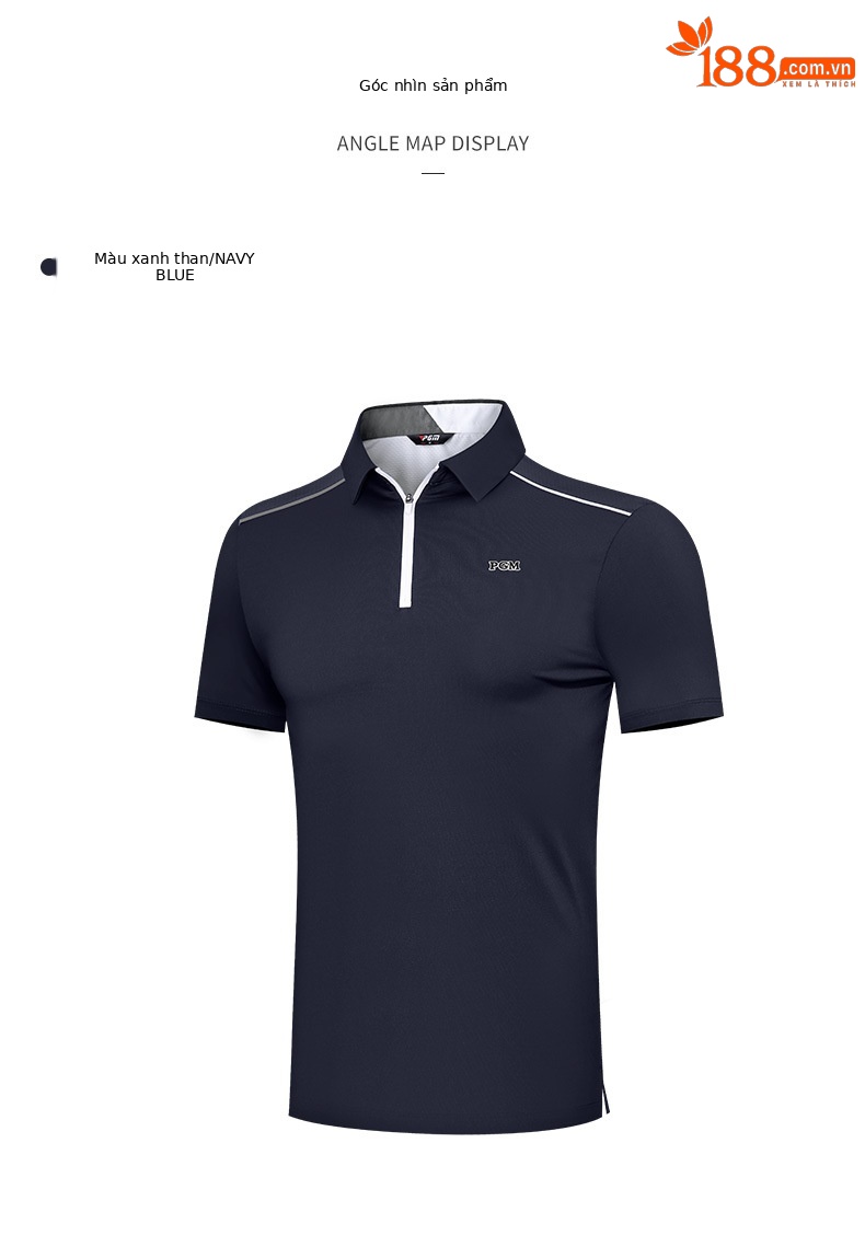 Áo polo nam golf PGM tay ngắn, cổ bẻ khóa kéo, vải thoáng khí thấm hút mồ hôi — Yf574-màu xanh lá cây ngải cứu, YF574-màu trắng, YF574-màu xanh nước biển chi tiết 5