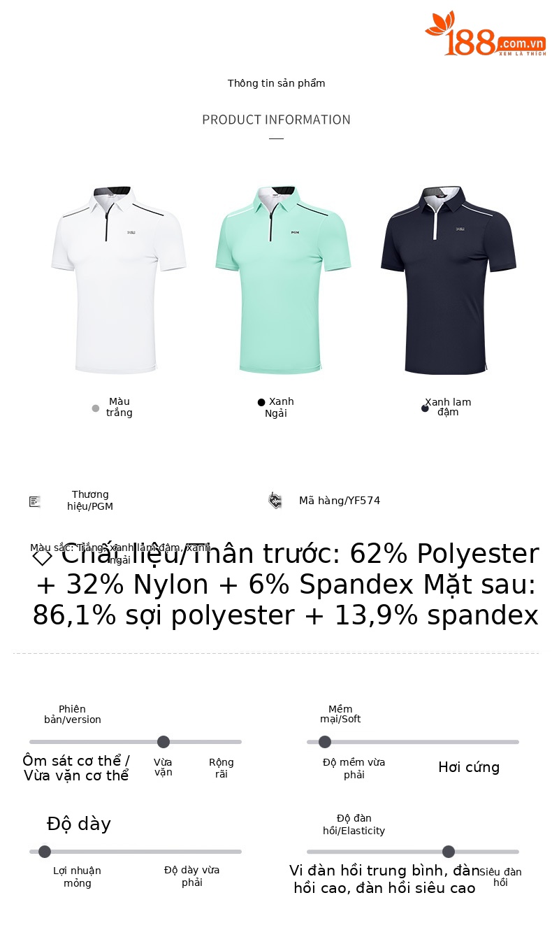 Áo polo nam golf PGM tay ngắn, cổ bẻ khóa kéo, vải thoáng khí thấm hút mồ hôi — Yf574-màu xanh lá cây ngải cứu, YF574-màu trắng, YF574-màu xanh nước biển chi tiết 4