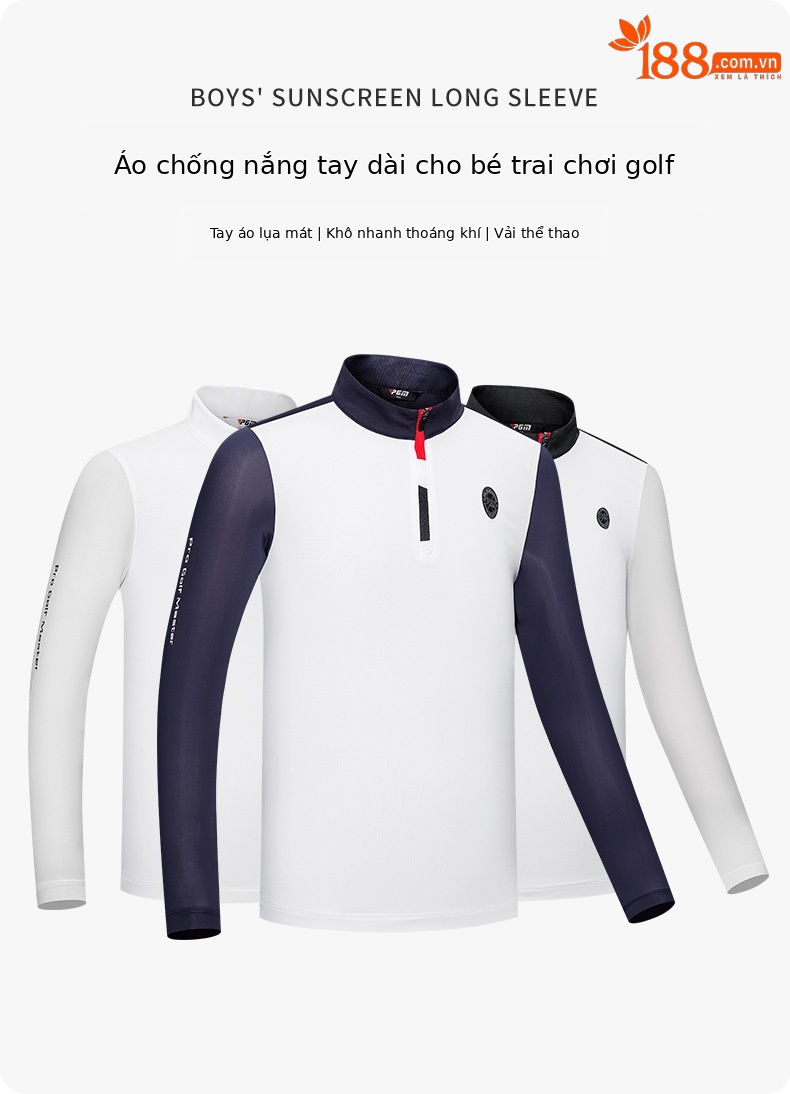 Áo thun tay dài chơi golf trẻ em PGM chống nắng thoáng khí nhanh khô — KUZ161-Màu đen, KUZ161-màu xanh hải quân, YF601-màu trắng, YF601-Trắng + Đen chi tiết 2