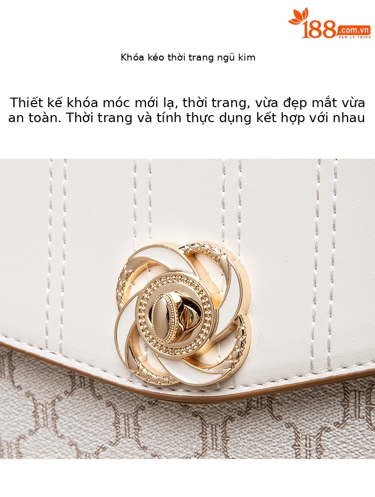 Túi đeo chéo nữ dây xích da thật kiểu vuông nhỏ thêu chỉ sang trọng — Màu trắng be chi tiết 5