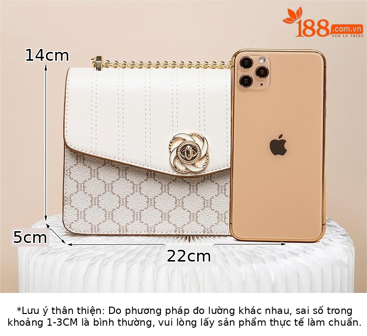 Túi đeo chéo nữ dây xích da thật kiểu vuông nhỏ thêu chỉ sang trọng — Màu trắng be chi tiết 22