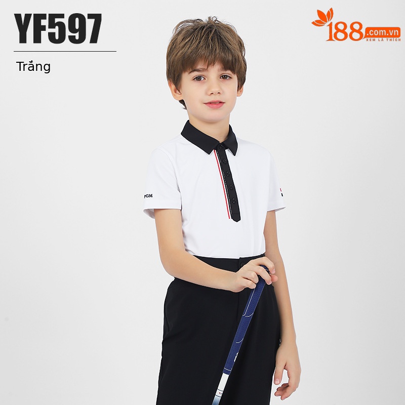 Áo golf ngắn tay bé trai PGM cổ bẻ, vải thoáng khí mùa hè — YF597-Áo màu trắng, KUZ159-Quần Trắng, KUZ159-Quần màu xanh nước biển, KUZ159-Quần Đen