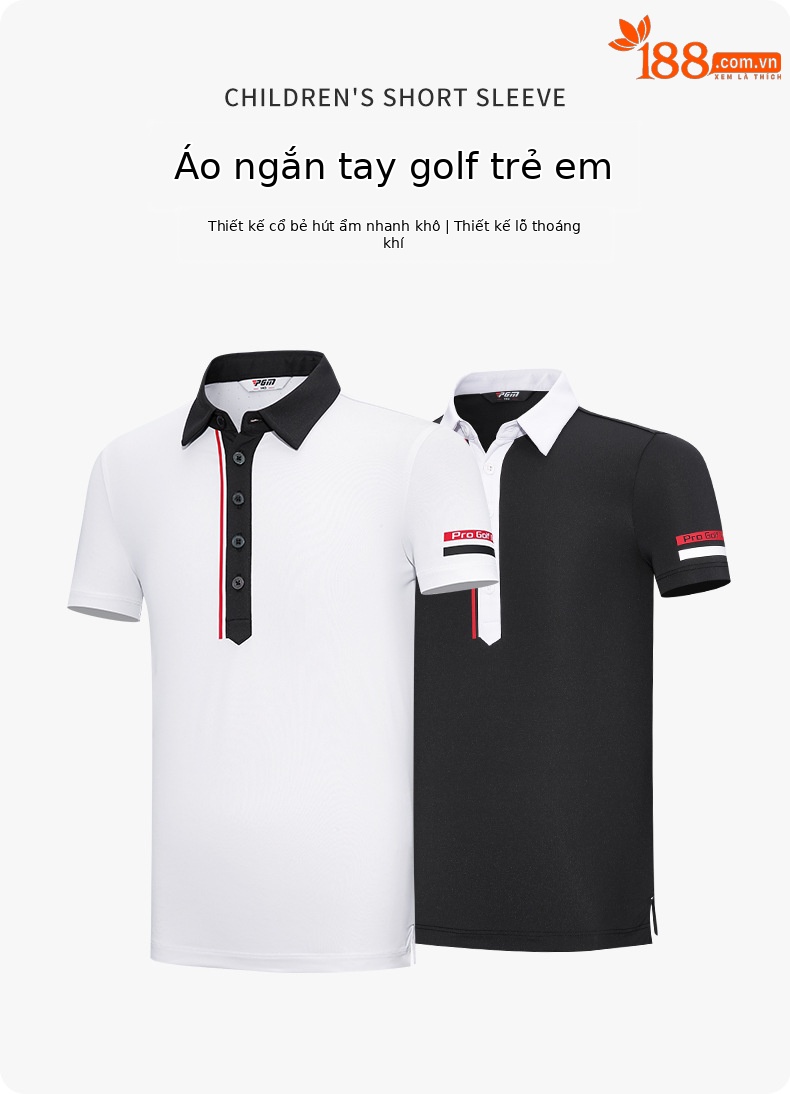 Áo golf ngắn tay bé trai PGM cổ bẻ, vải thoáng khí mùa hè — YF597-Áo màu trắng, KUZ159-Quần Trắng, KUZ159-Quần màu xanh nước biển, KUZ159-Quần Đen chi tiết 2