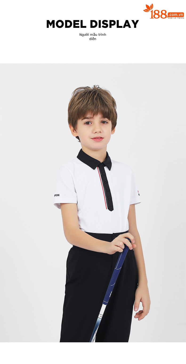 Áo golf ngắn tay bé trai PGM cổ bẻ, vải thoáng khí mùa hè — YF597-Áo màu trắng, KUZ159-Quần Trắng, KUZ159-Quần màu xanh nước biển, KUZ159-Quần Đen chi tiết 6